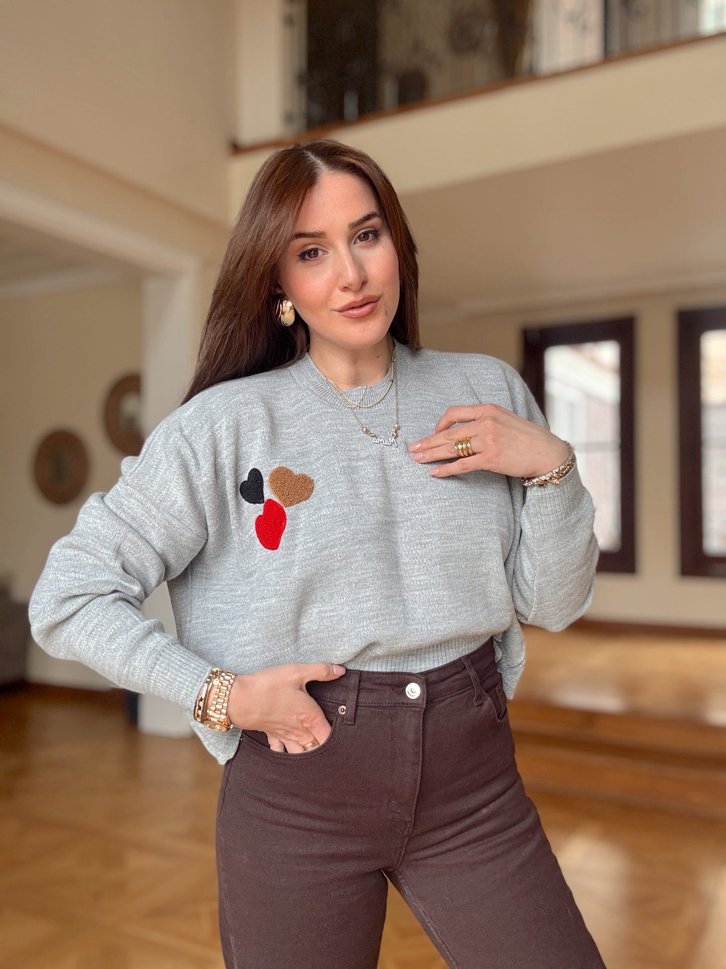 Üç Kalp Nakışlı Kazak GRİ