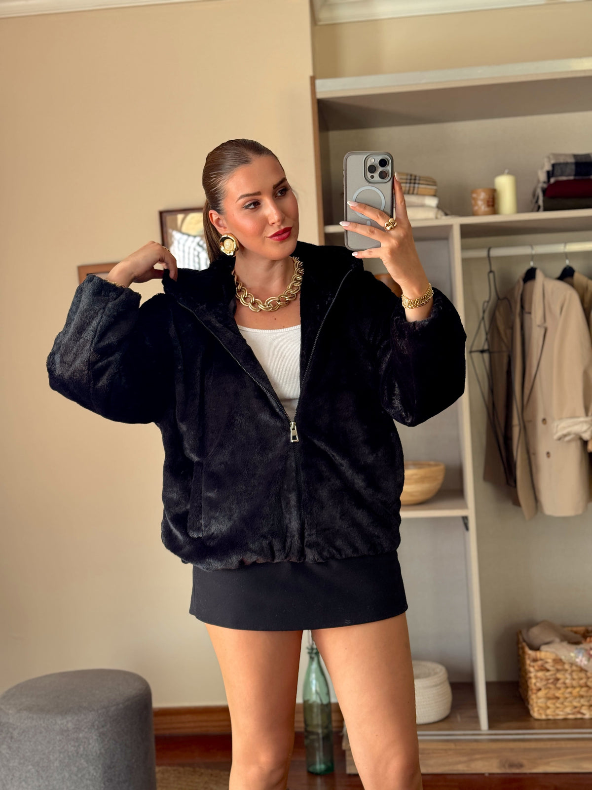 Kapüşonlu Fermuarlı Sakal kumaş Sweatshirt Siyah