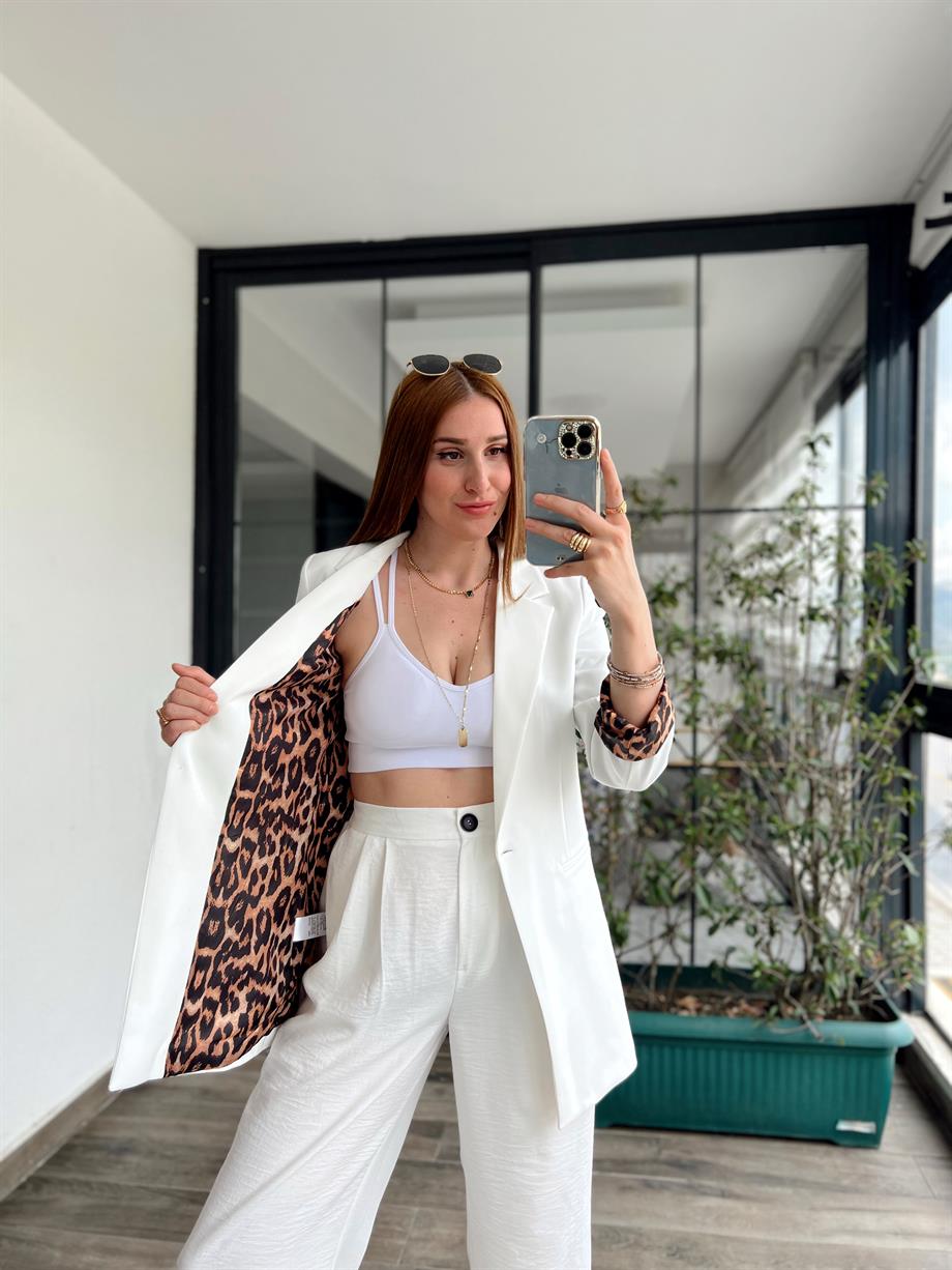Astarı Leoparlı Ceket BEYAZ