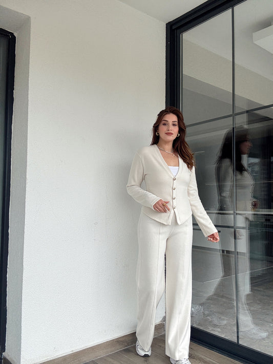 Selanik önü düğmeli ceket çimalı pantolon takım-BEJ