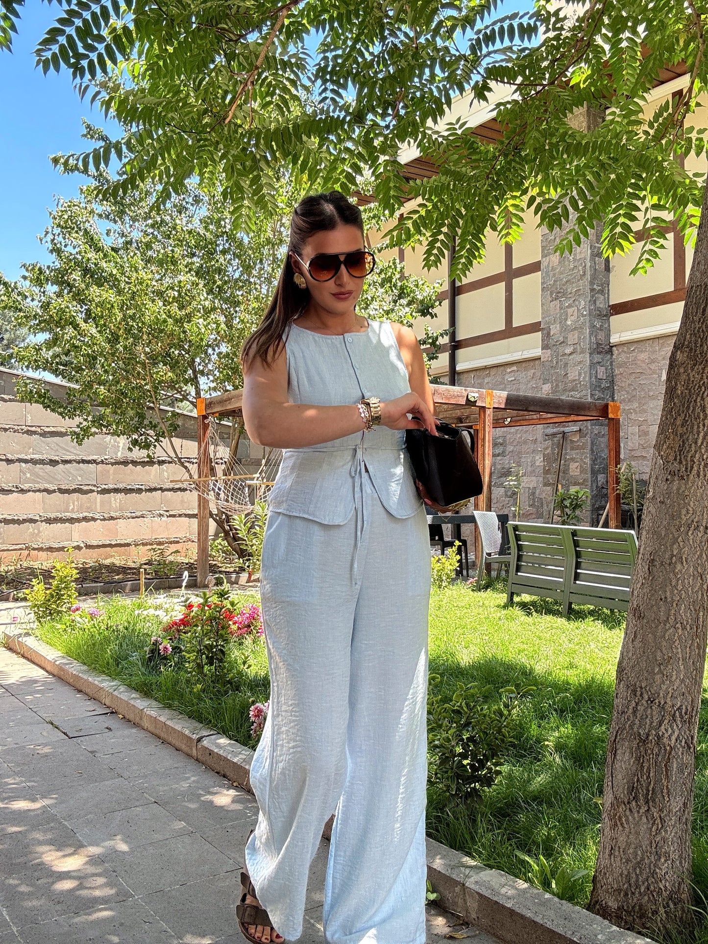 Yelekli bağlama detay keten takım Mavi