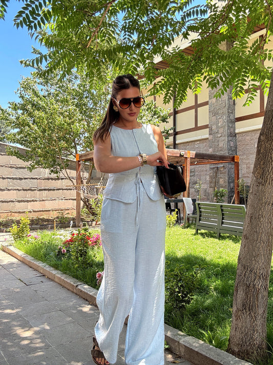 Yelekli bağlama detay keten takım Mavi