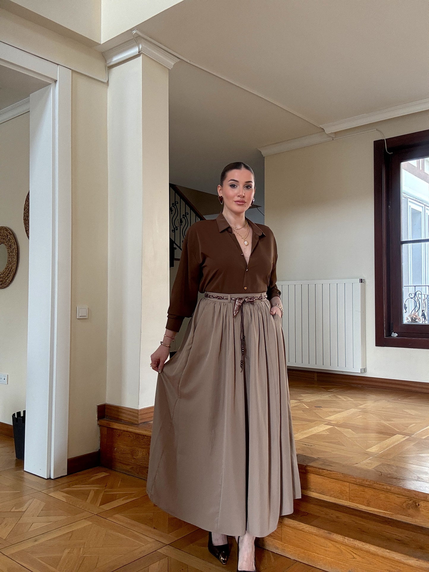 Şal kemerli etek vizon