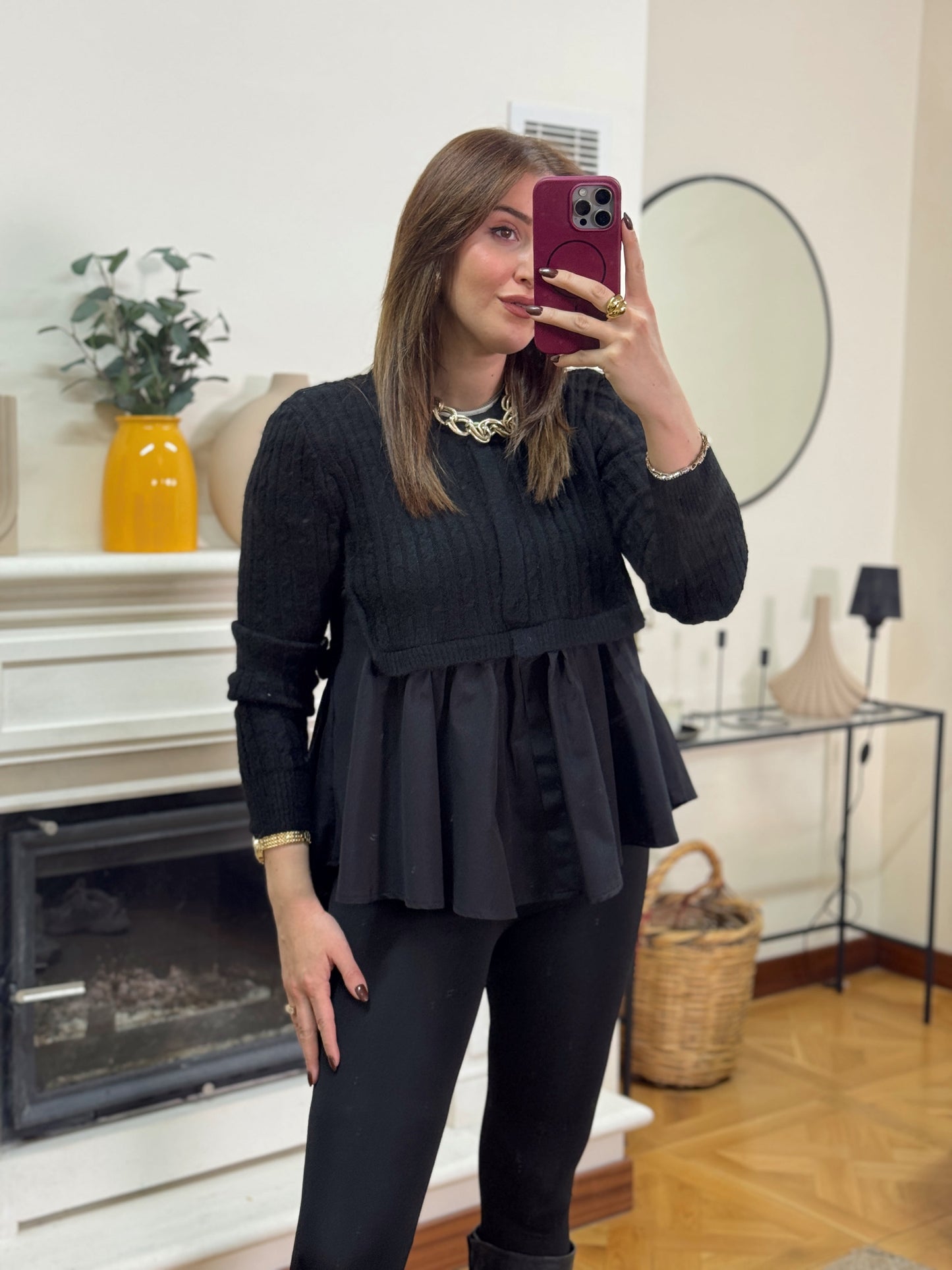 Poplin gömlek garnili triko kazak -SİYAH