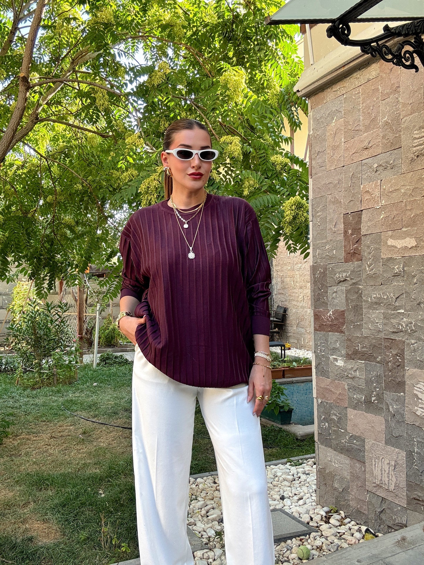 Şerit detaylı oversize premium kazak Mürdüm