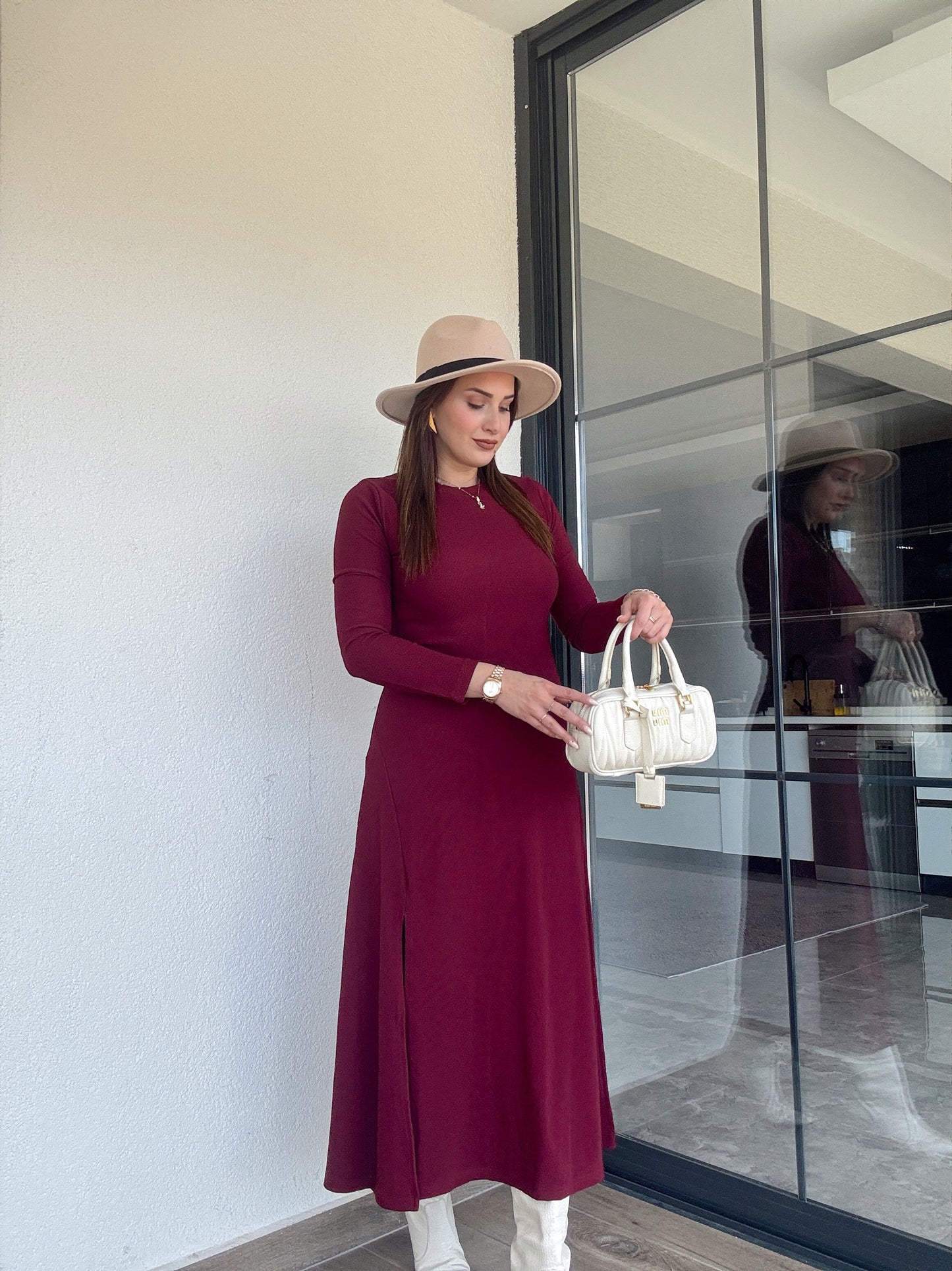 Bisiklet yaka yırtmaçlı fitilli elbise BORDO