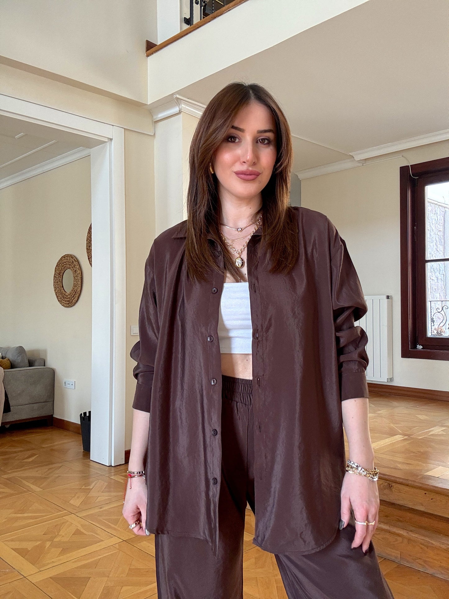 Parlak ikili takım kahverengi