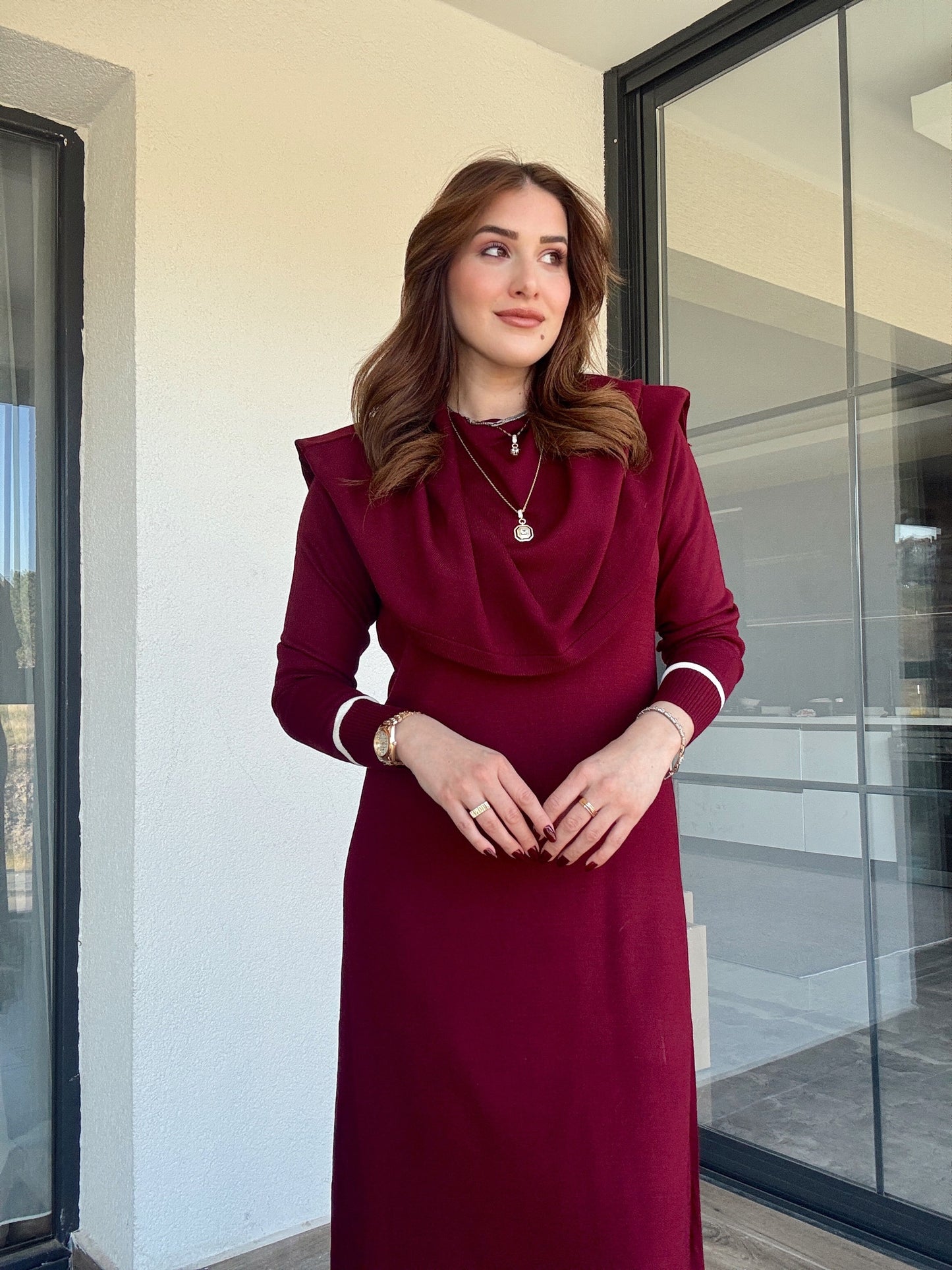 Çizgili pelerinli elbise-BORDO