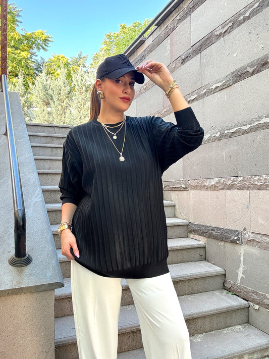 Şerit detaylı oversize premium kazak Siyah