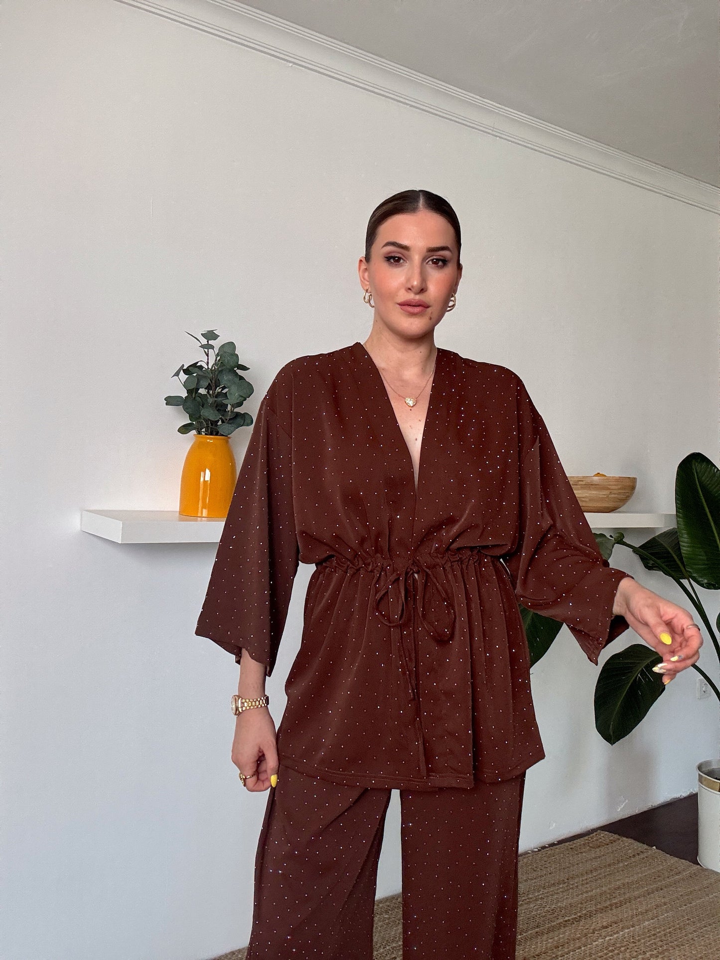 Taş işlemeli bel büzgülü ikili takım-KAHVERENGİ