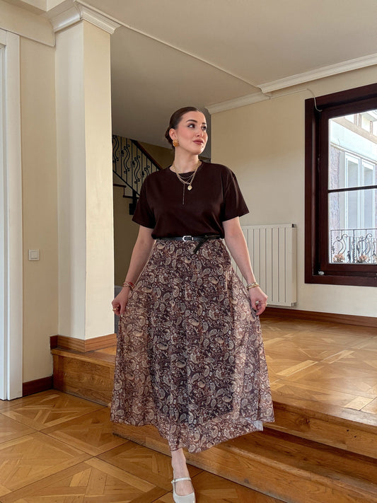 Düz kesim etnik desen kemerli etek Kahve