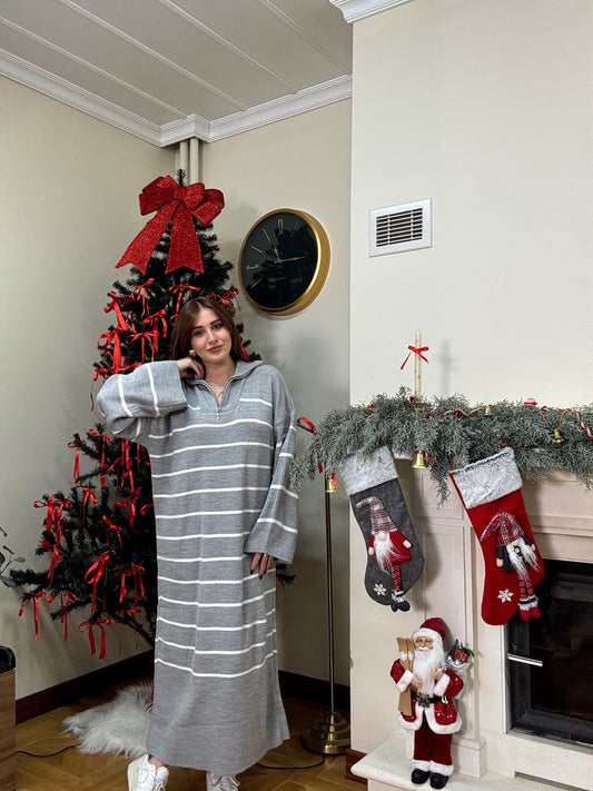 Fermuarlı çizgili triko elbise-GRİ