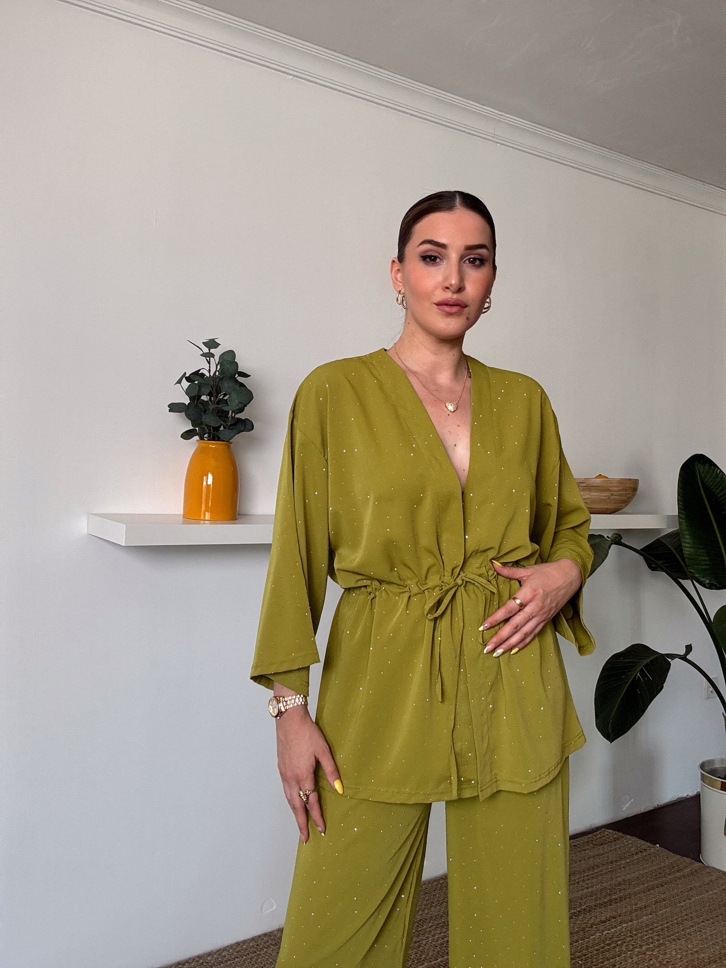Taş işlemeli bel büzgülü ikili takım-Yağ Yeşili