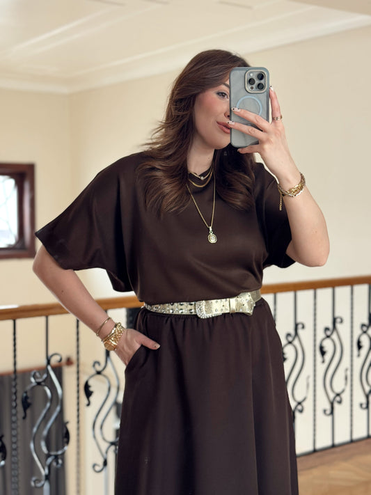 Kısa Kollu Oversize Triko Kazak-ACI KAHVE