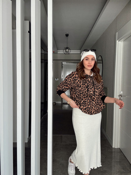 İki İplik Kapüşonlu Kanguru Cep Sweatshirt - LEOPAR