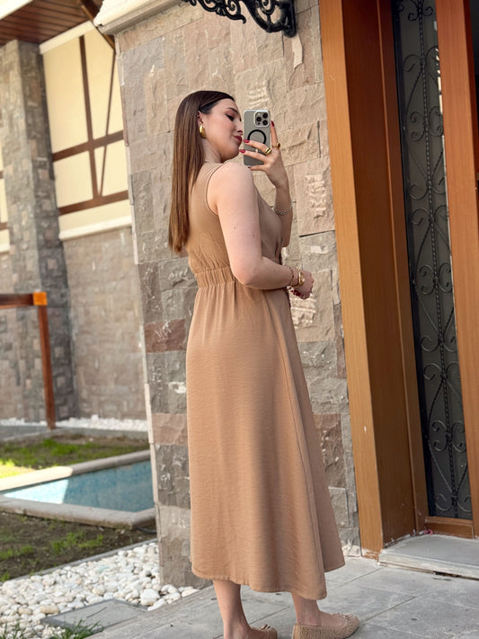 Keten düğmeli uzun elbise CAMEL