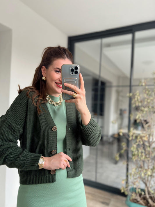 3 Düğme Kısa Triko Hırka KLS389 HAKİ