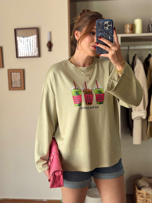 Leopar Coffe  Modal sweat Yeşil