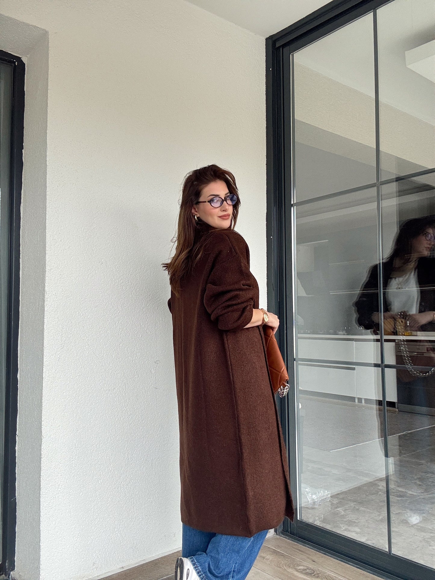 Şardonlu uzun hırka-KAHVERENGİ