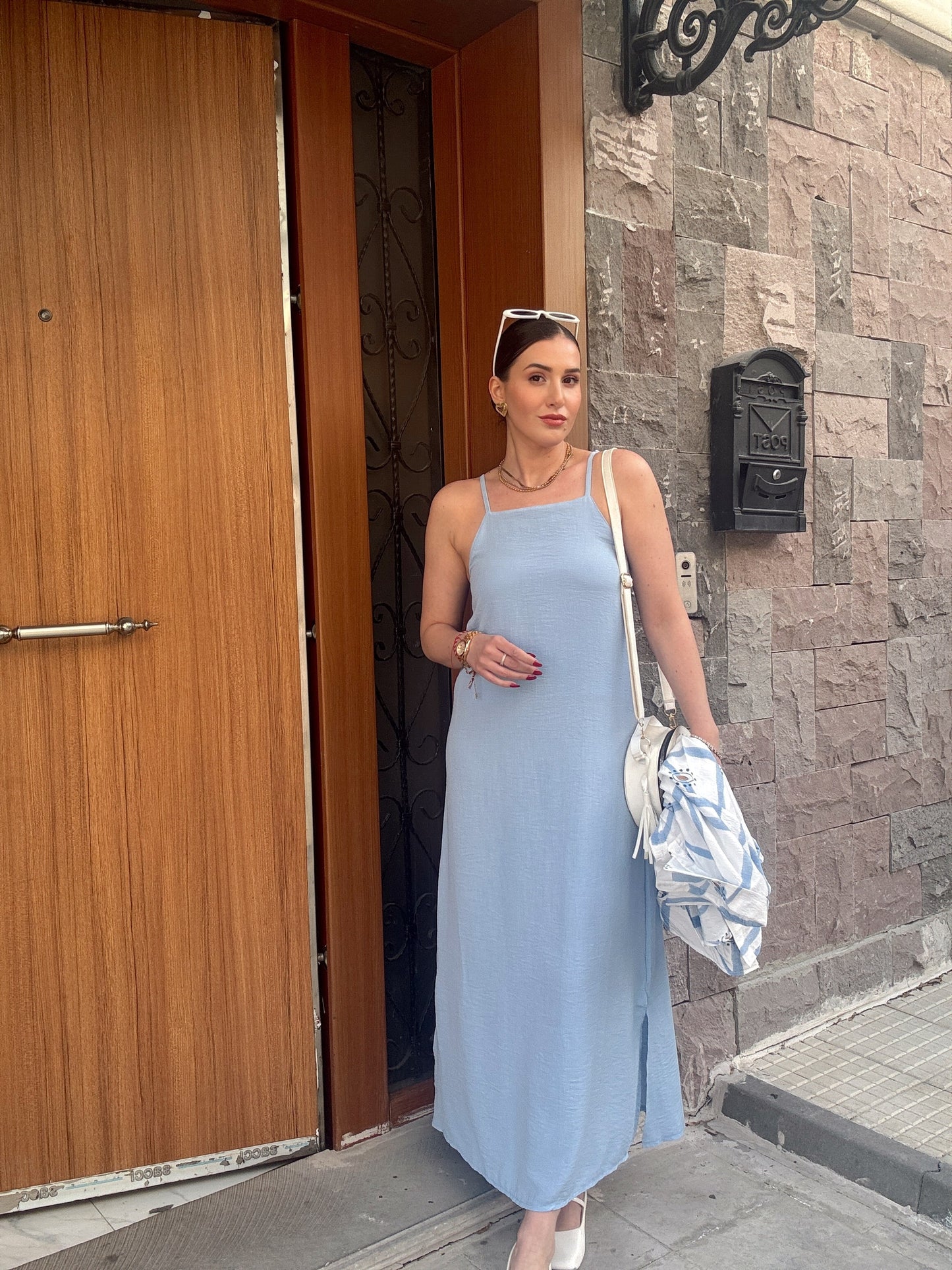 Ayarlanabilir ince askılı keten elbise BEBE MAVİ