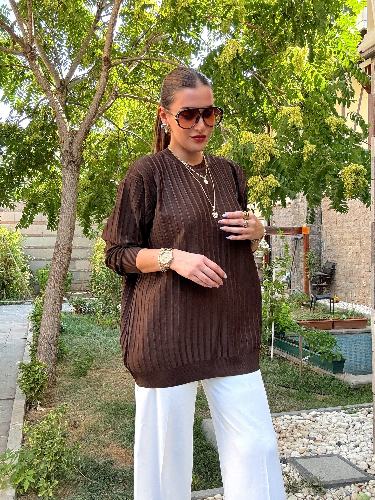 Şerit detaylı oversize premium kazak Kahve