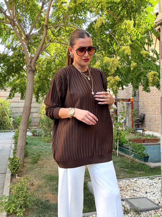Şerit detaylı oversize premium kazak Kahve