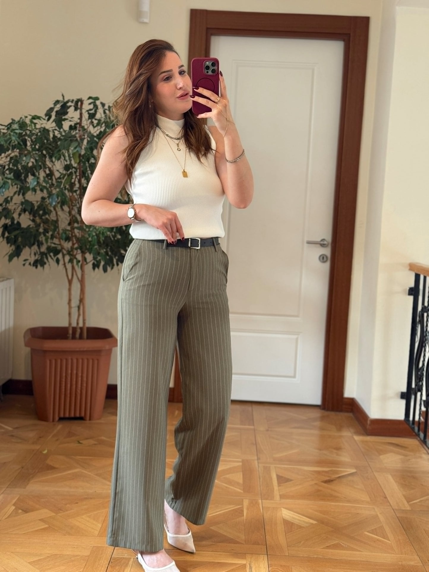 Çizgili kemerli pantolon-HAKİ