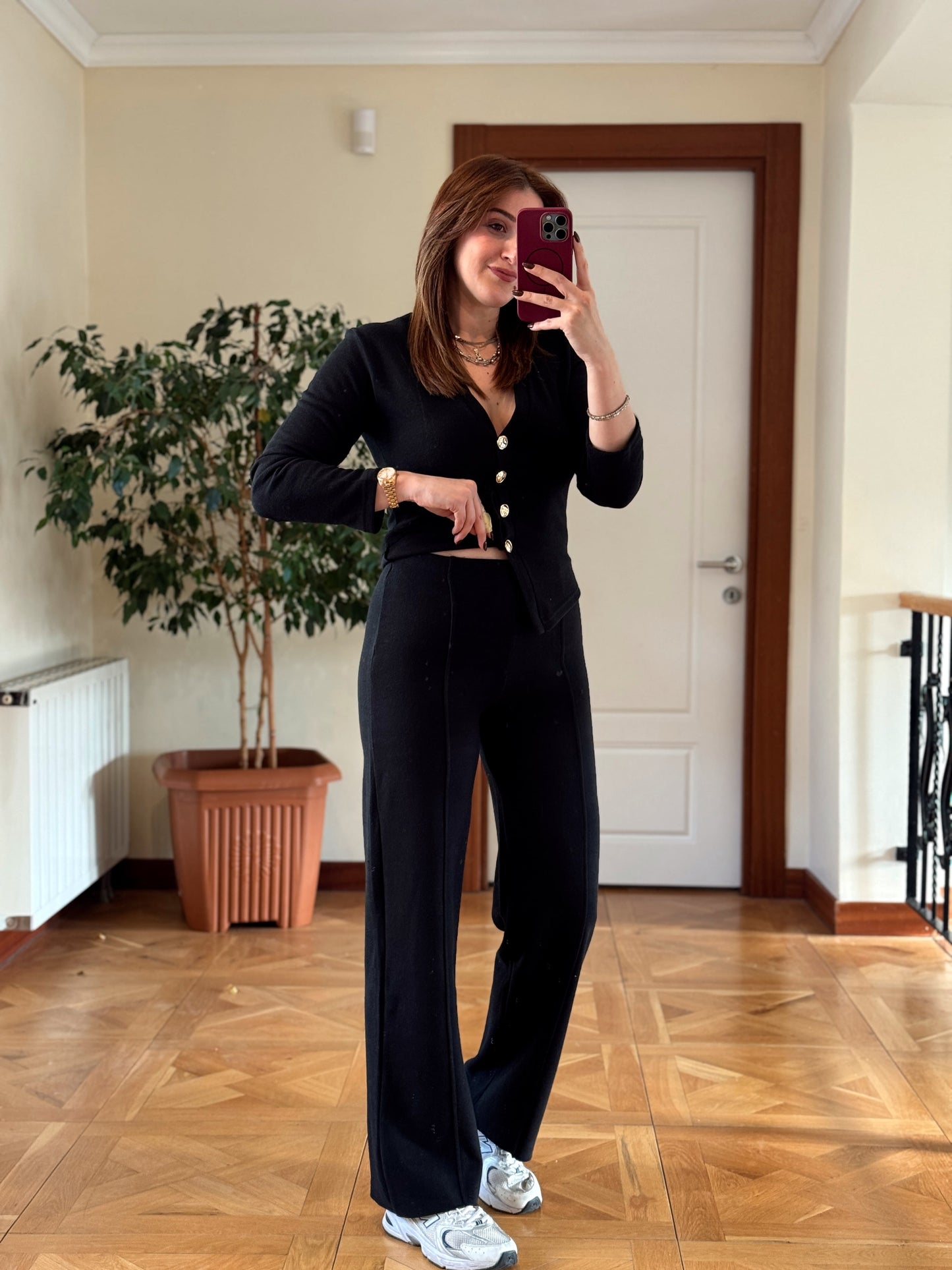 Selanik önü düğmeli ceket çimalı pantolon takım-SİYAH