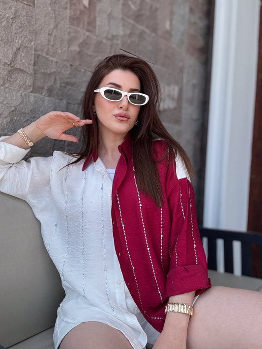 Taş Detaylı Çift Renk Gömlek BORDO