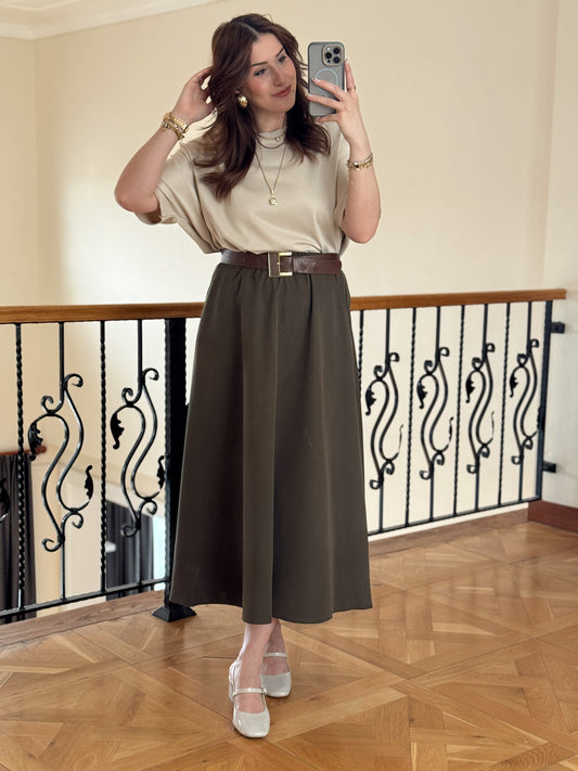Double Yanı Cepli Etek-HAKİ