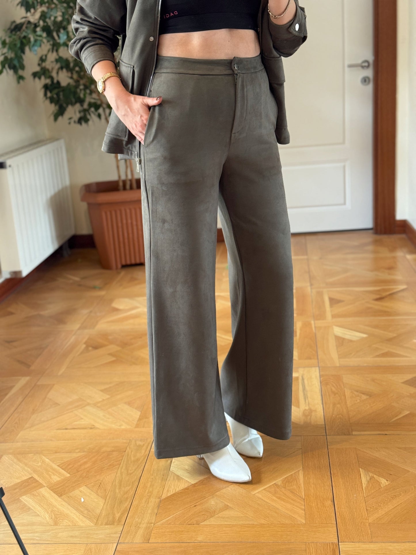 LEOPAR yaka süet ikili takım HAKİ