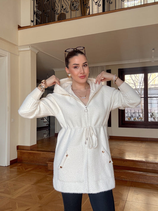 Fermuarlı kapşonlu sakal kumaş hırka-EKRU