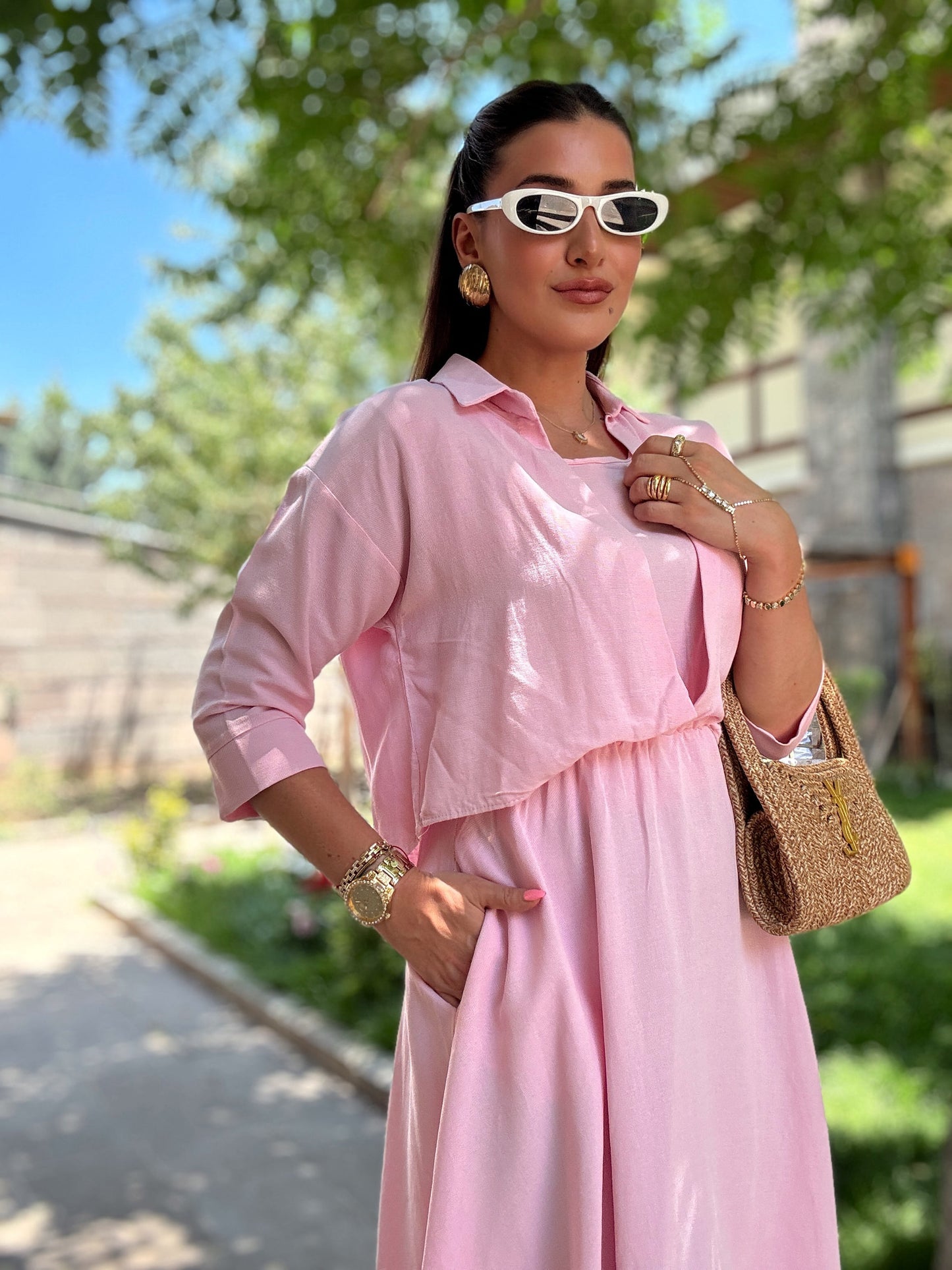 Gömlekli keten elbise Pembe