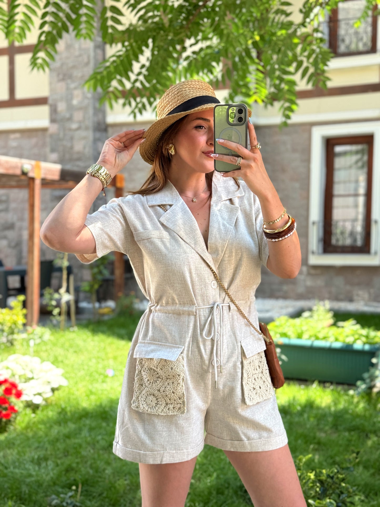 Güpür cep detaylı keten tulum Taş