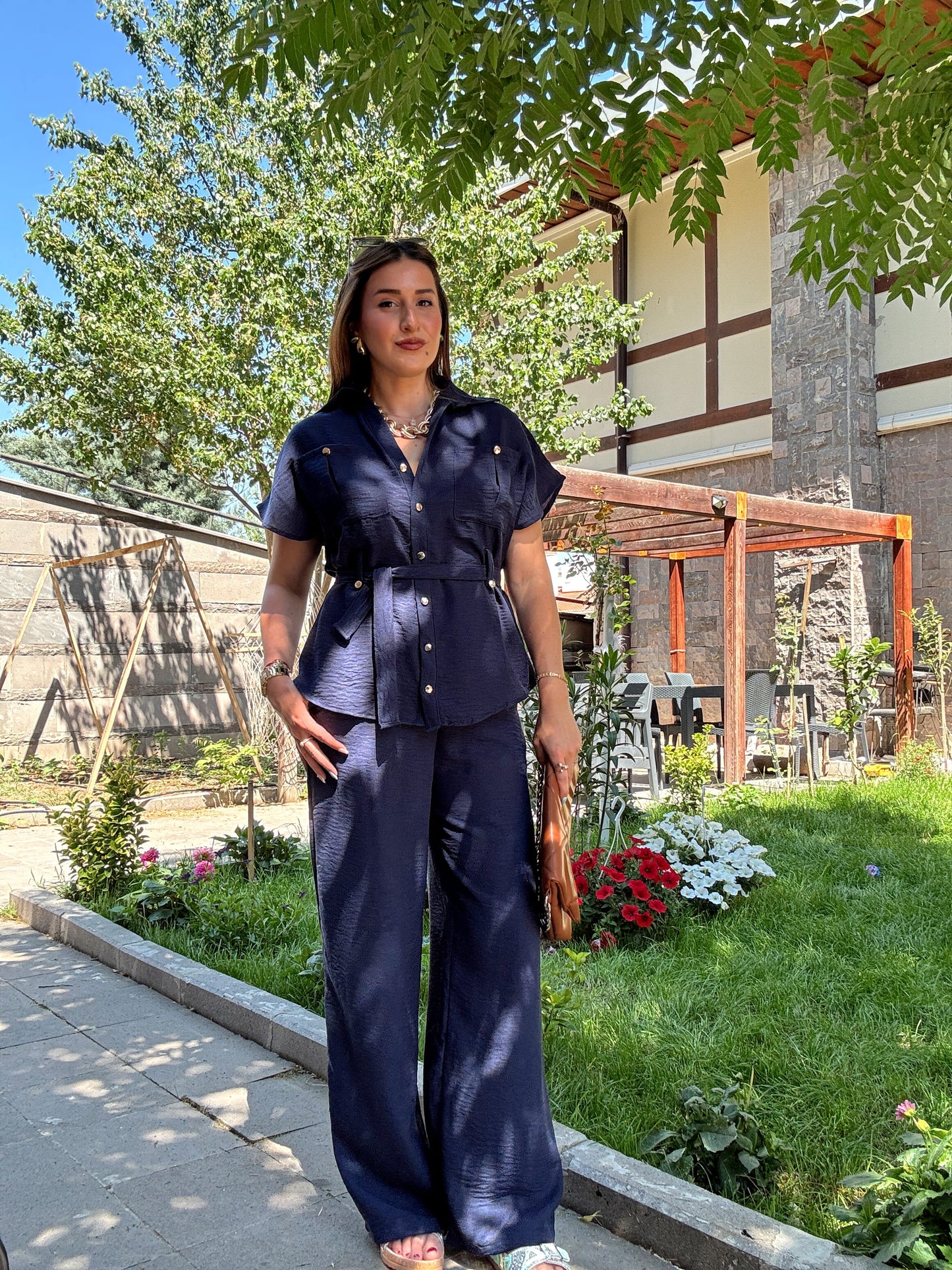 Bağlamalı Premium keten takım Lacivert