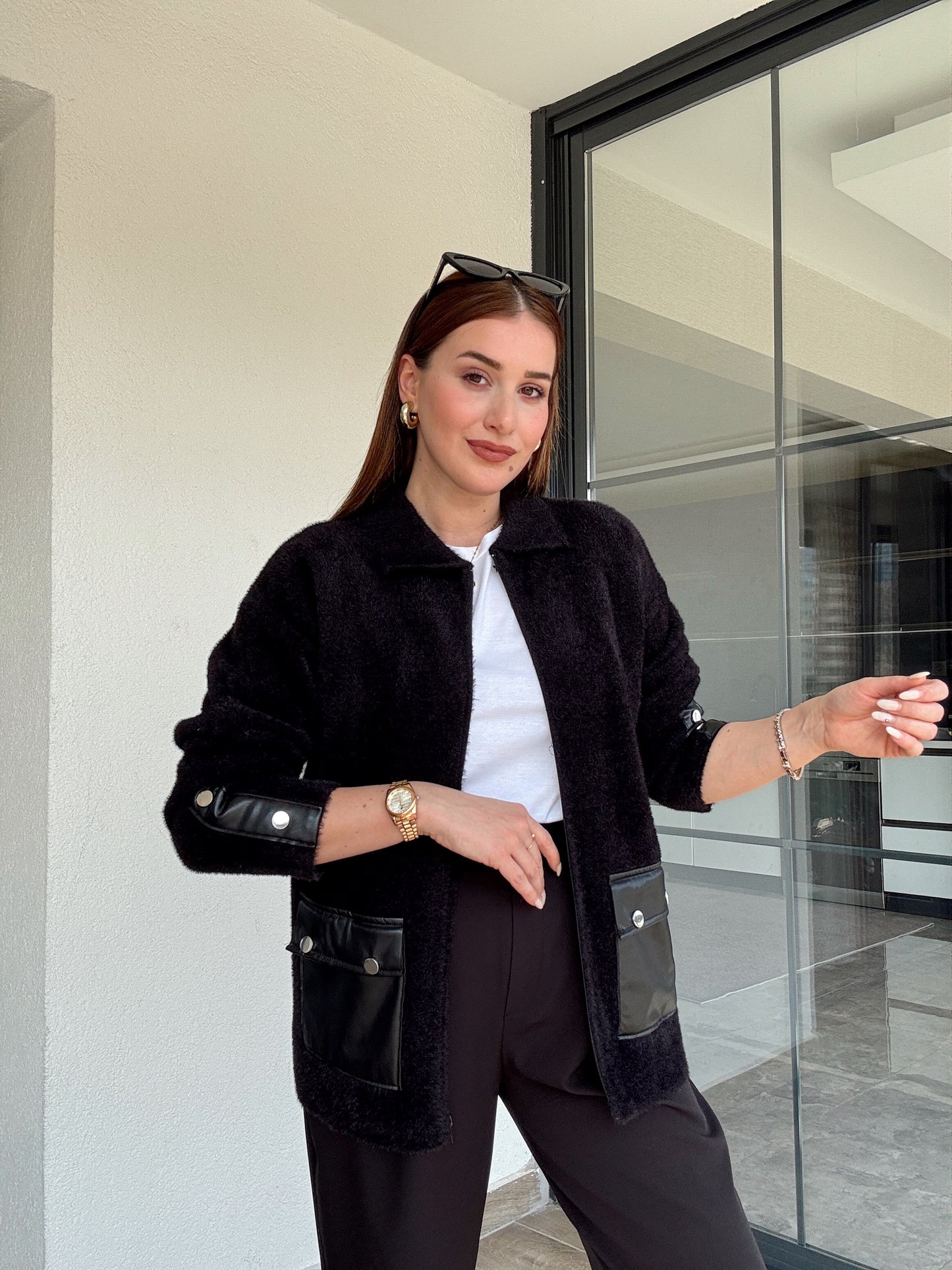 Liliyana deri cepli fermuarlı hırka-SİYAH