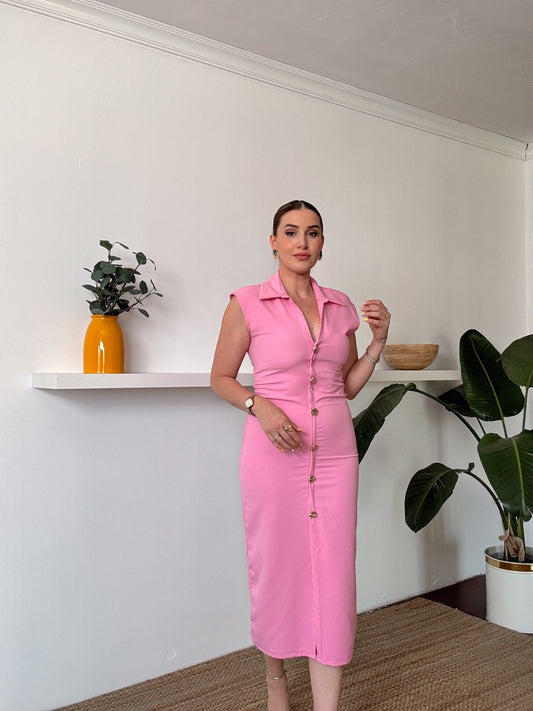 Ön Düğmeli Elbise Pembe