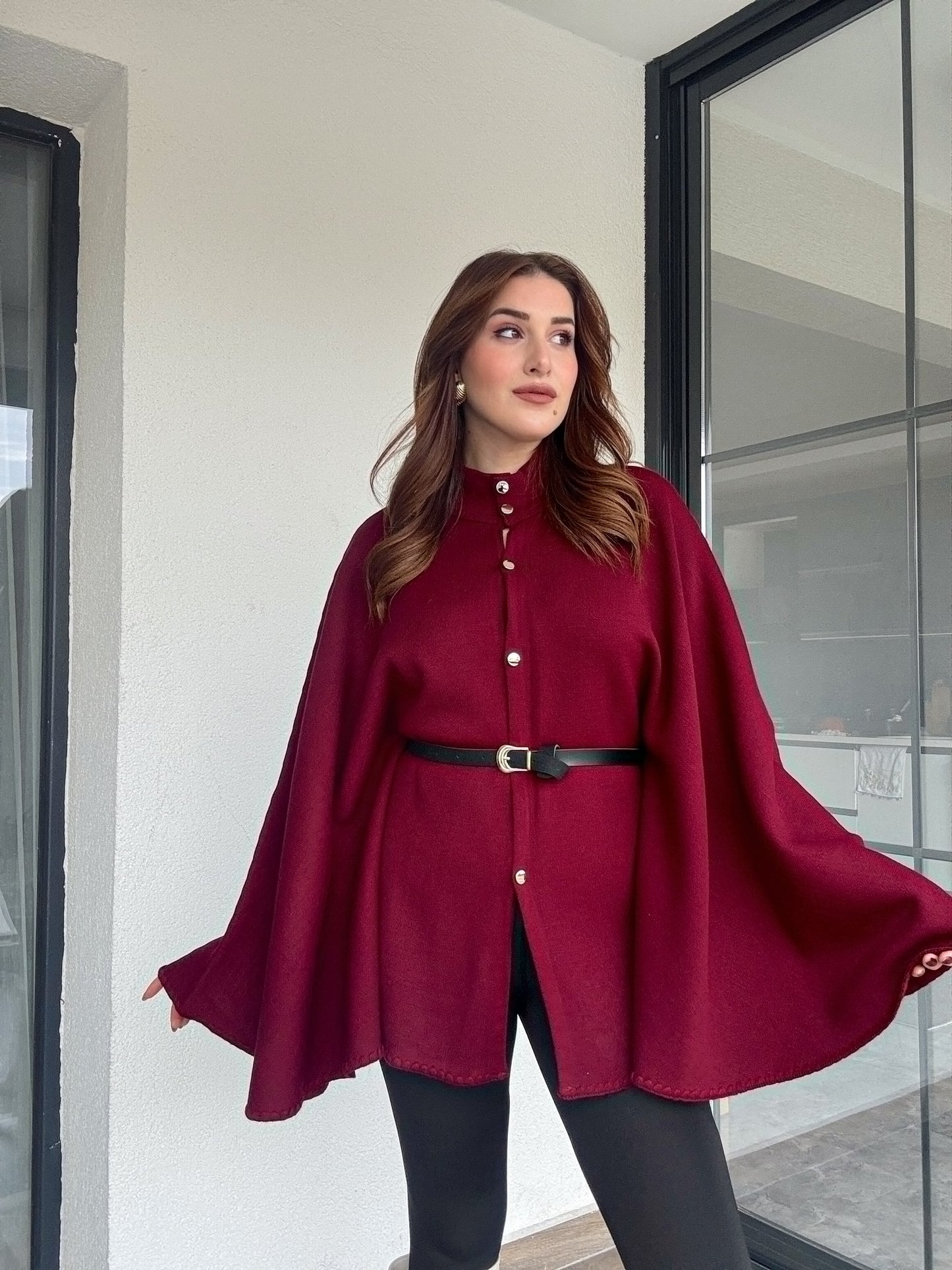 Kemerli düğmeli panço-BORDO