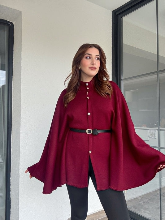 Kemerli düğmeli panço-BORDO