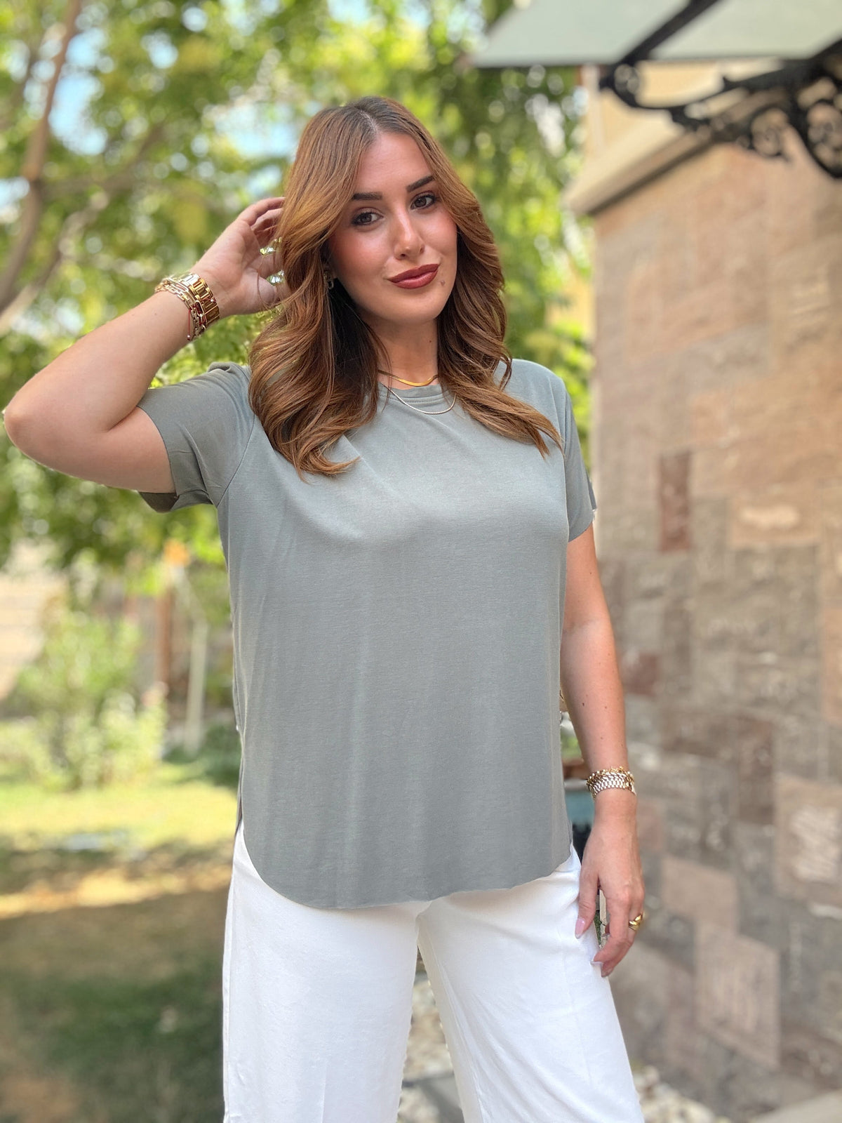Tensel kumaş yırtmaçlı oversize tişört Haki