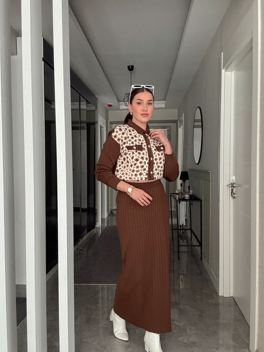 Leopar Desen Etekli Takım - KAHVERENGİ