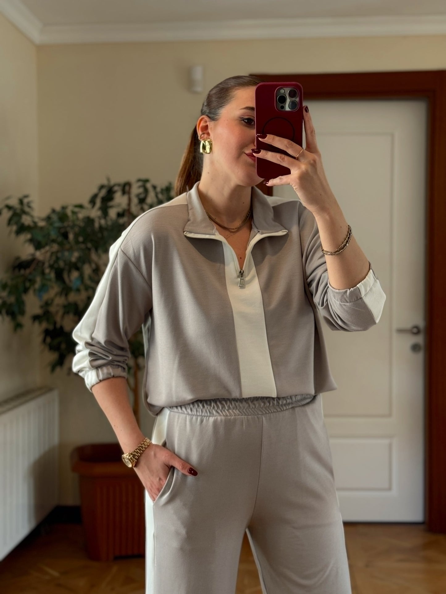 Yarım Fermuarlı Modal Takım Gri