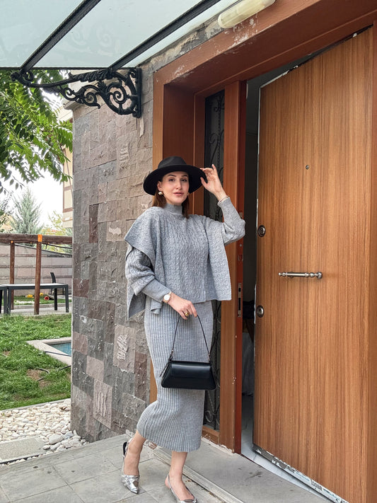 Fitilli Elbiseli Pançolu İkili Triko Takım - GRİ