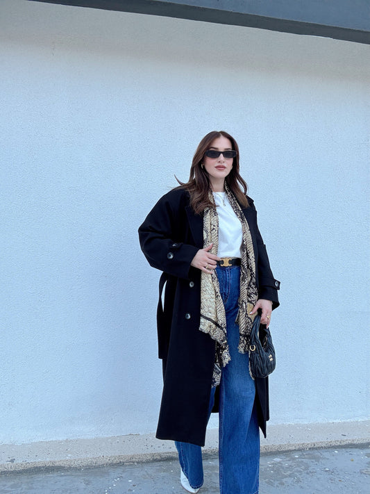 Kolu Apoletli Kaşe Kaban Siyah