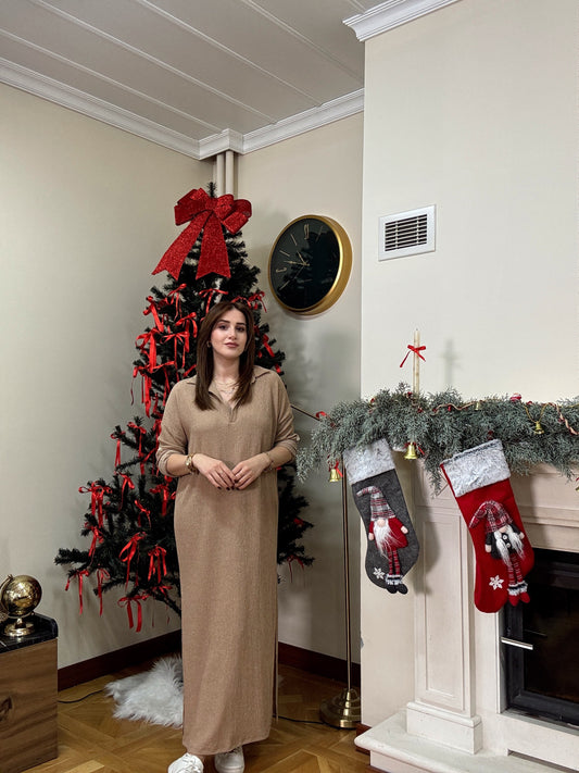 Polo yaka çift yıtmaç elbise-CAMEL