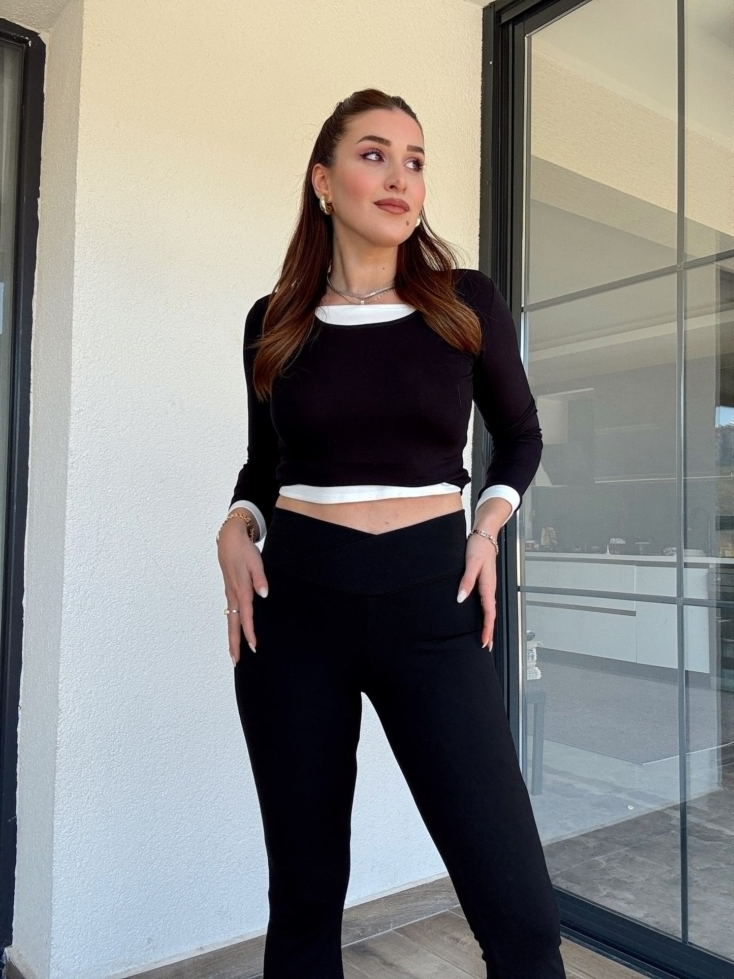 Mia ribanalı çapraz kemer ispanyol paça tayt-SİYAH