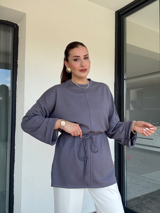 Modal kumaş duble kol tunik-GRİ