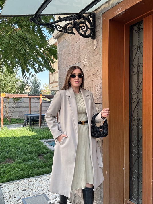 Beli Kuşaklı Astarlı Kaşe Kaban - TAŞ