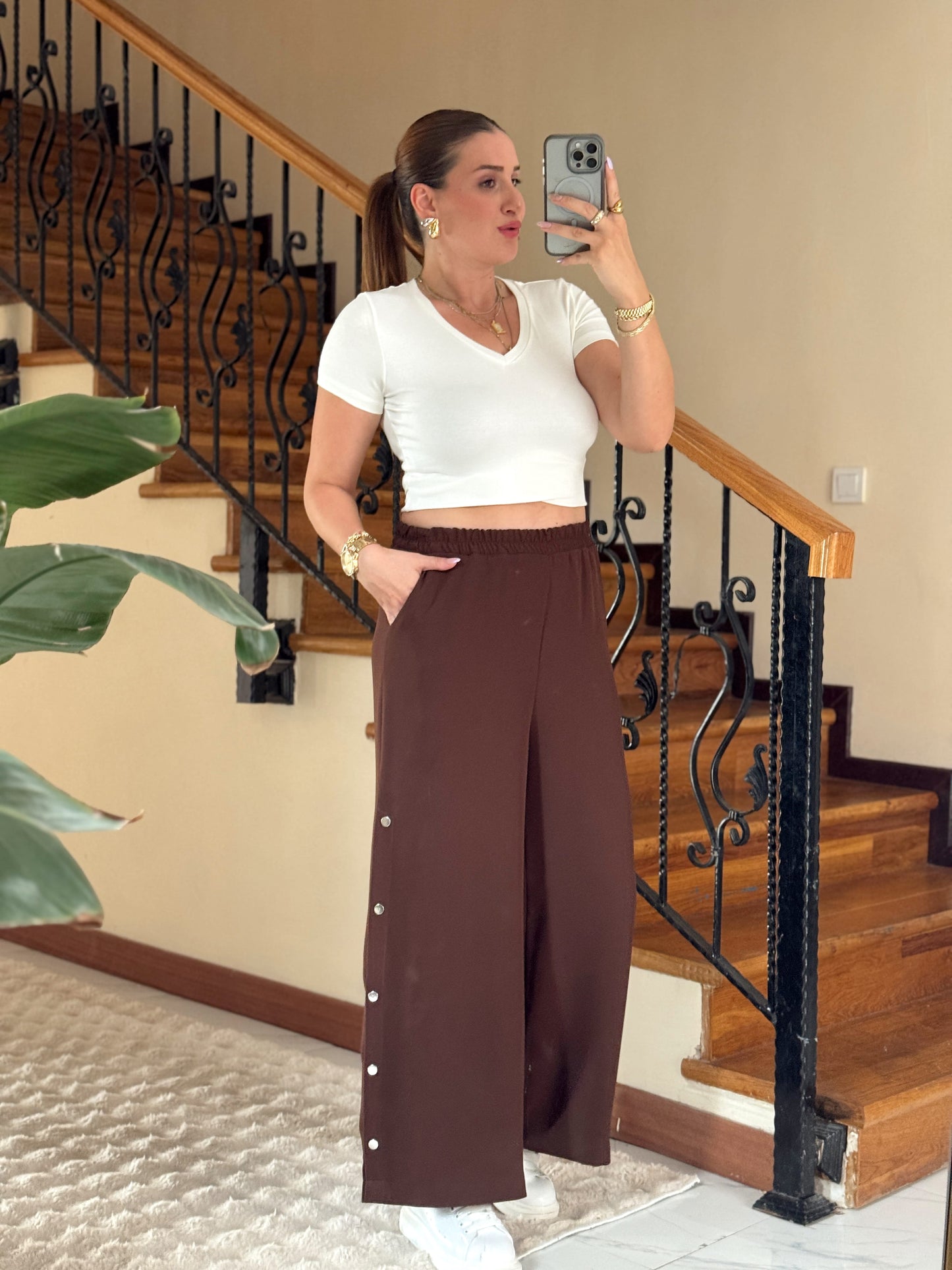 Yanları çıtçıtlı pantolon KAHVERENGİ