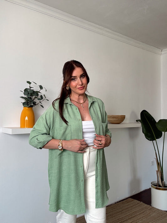 Çift Cep Double Kol Keten Gömlek YEŞİL